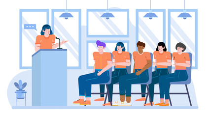 Obraz premium Woman presenting to a group of people in chairs. Suitable for business presentations, team meetings, seminars, management training materials.