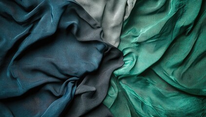 Draped fabrics in shades of teal, grey, and emerald green