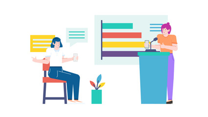 Two people presenting from podium and chair suitable for business presentations, conferences, public speaking, seminars, teamwork, leadership, events.