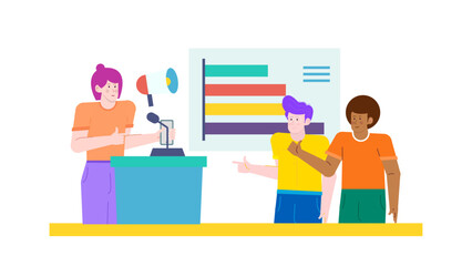 Woman and two men discussing chart; business meeting, financial presentation, teamwork concept, diverse team, project progress, goal setting, corporate environment.