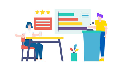 Two people, bar chart, table, chair, and plant captured in a minimalist office setting. Suitable for business presentations or office concepts.