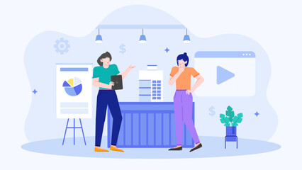 Two businesswomen analyzing a chart during a meeting. Suitable for business presentations, financial reports, teamwork concepts, and professional settings.