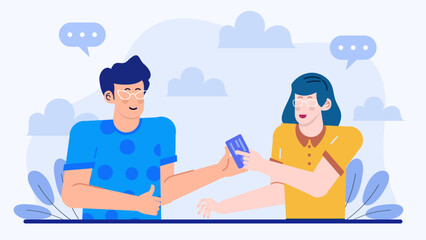 Two people discussing a credit card, ideal for finance related articles, blog posts, social media graphics, and promotional materials.