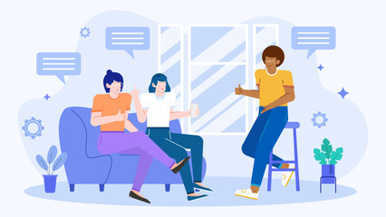 Three people socializing on furniture ideal for communication, friendship, social gathering concepts, or office meeting atmosphere stock material.