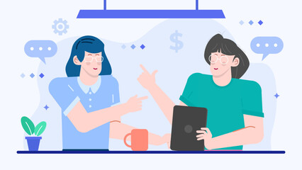 Two people discussing at a table, suitable for business meeting, teamwork concepts and communication. Collaboration, conversation, agreement, negotiation.