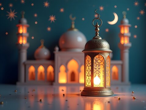 Ramadan Kareem greeting card with mosque and lantern. 3D rendering Ai generative