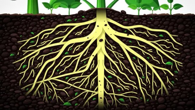 Cross-section illustration showing a plant's extensive root system branching through dark soil, with a central taproot and numerous lateral roots reaching outwards