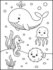 Cute Sea Turtle Coloring Page for Kids – Printable Black and White Underwater Line Art with Fish, Starfish, and Ocean Scene
