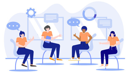 Obraz premium Four people sitting and talking in chairs, suitable for business meetings, teamwork discussions, office presentations, or casual group conversations.