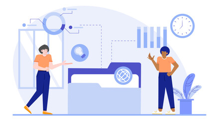 Two people discussing a business idea near a blue file folder, suitable for illustrating teamwork, brainstorming, and office discussions.