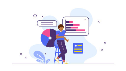 Person on stool analyzing charts, suitable for business presentations, financial reports, data analysis concepts, work efficiency visuals, and educational materials.