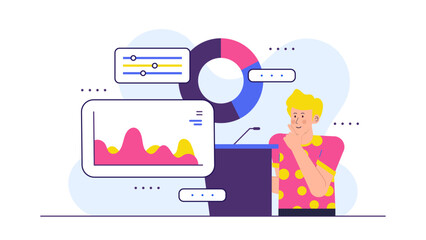 Man at podium presenting financial data. Suitable for business presentations, seminars, economic reports, academic projects, and professional websites.