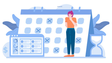 Woman by a calendar and hourglass, symbolizing time management. Suitable for productivity, deadlines, planning, time management concept visuals.