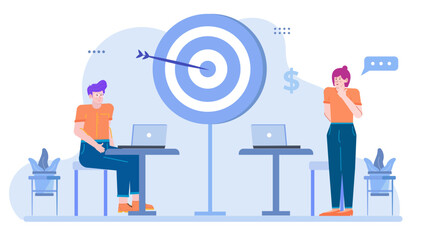 Two people working at laptops with a target in the background, suitable for business, marketing, teamwork, technology, and collaboration concepts.