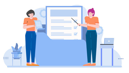 Two people presenting on a whiteboard with check marks, suitable for business presentations, teamwork concepts, educational material, or training materials.