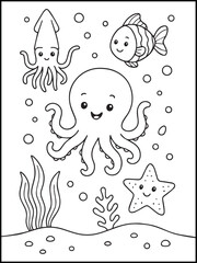Fototapeta premium Cute Sea Turtle Coloring Page for Kids – Printable Black and White Underwater Line Art with Fish, Starfish, and Ocean Scene 