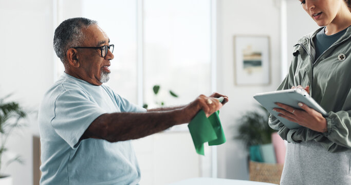 Healthcare, resistance band or tablet with patient and therapist in office for feedback or review. Assessment, medical and physical therapy with chiropractor and man in clinic for rehabilitation