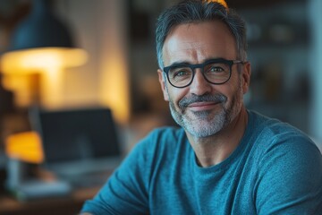 Fototapeta premium Mature Smiling Man with Glasses Relaxing at Digital Workspace Cozy Home Office Portrait Photography