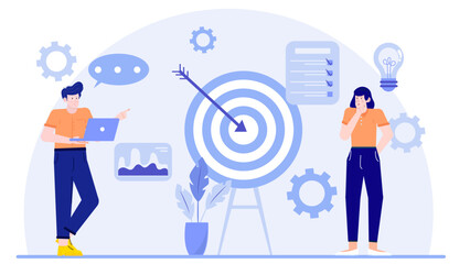 Two people standing in front of a target. Perfect for illustrating teamwork, goal setting, achievement, success, competition, strategy concepts.
