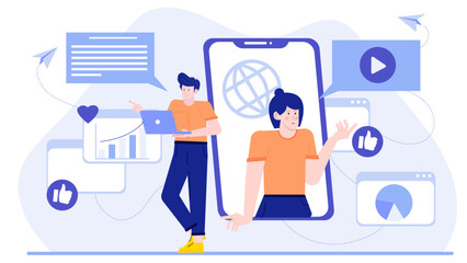 Man and woman multitasking by using devices together, perfect for illustrating communication, technology, collaboration, and remote work concepts.