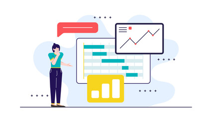 Woman standing in front of a chart with a line graph, suitable for business presentations, financial reports, data analysis concepts.