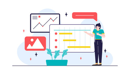 Woman presenting project plan and graph. Suitable for business presentations, reports, infographics, financial analysis, and project management concepts.