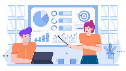 Two people discuss charts in a presentation. Suitable for business, teamwork, analytics, strategy, communication, decision-making, collaboration concepts.