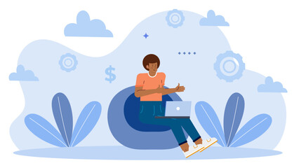 Man on a blue chair with a laptop perfect for office, business, technology, freelance, remote work, online communication concepts.