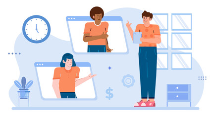 Three people on a video call, one standing. Suitable for remote work, team communication, virtual meetings, web conferencing concept.