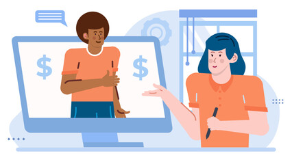 Man and woman discussing money online. Suitable for finance blogs websites, business presentations, financial articles, online money management platforms.