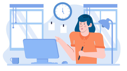 Woman working on computer and enjoying coffee break. Ideal for business, remote work, productivity, office, technology, and freelance concepts.