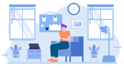 Person sitting in a chair in a room, suitable for interior design, office, work, relaxation, waiting, solitude, contemplation, lifestyle.