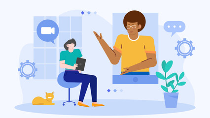 Woman and man on a video call with a tablet, communicating remotely. Suitable for online communication, virtual meetings, technology concepts.