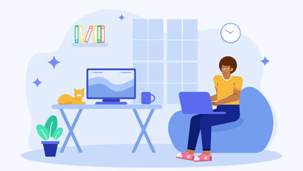 Person working from home on a laptop, comfortable and relaxed on a blue beanbag chair. Suitable for remote work concepts.