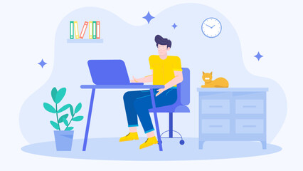 Man working on laptop with cat is perfect for showcasing a cozy home office setup in a modern freelance or pet blog.