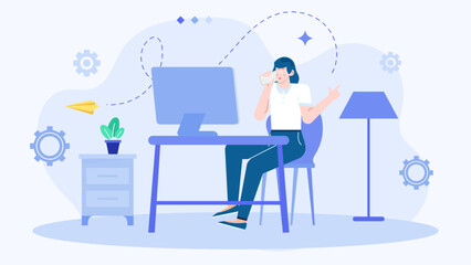 Woman sitting at a desk using a computer. Suitable for technology, remote working, office scenes, virtual meetings, business concepts, and more.