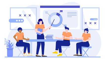 Four people in a discussion at a business meeting. Suitable for presentations, website illustrations, marketing materials, and business-related content.