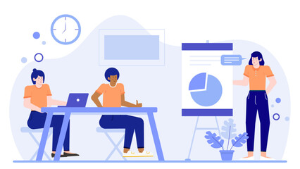 Three individuals in a meeting, with one person presenting. Suitable for business presentations, corporate discussions, teamwork concepts, and professional contexts.
