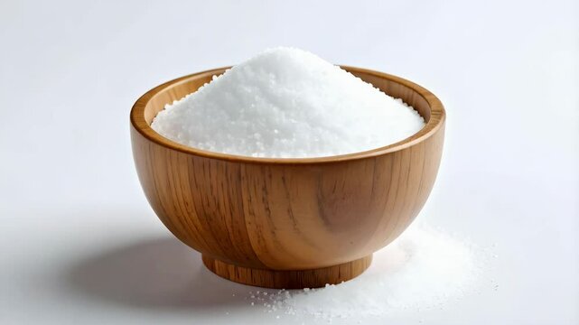 Wooden bowl filled to the brim with granulated white salt on seamless white background in bright studio light for cuisine concepts