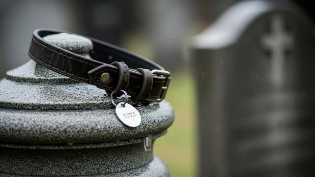 A brown leather dog collar with a silver tag rests on a stone grave marker, symbolizing pet loss and memorialization.