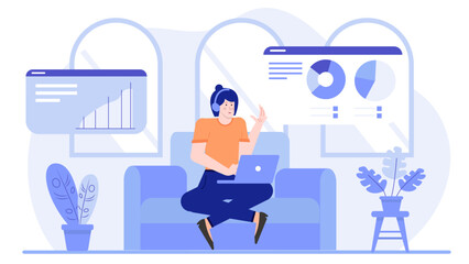 Woman sitting on a couch reviewing charts on a laptop. Ideal for business presentations, financial reports, and remote work concepts.