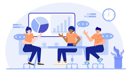 Three people analyzing charts in a business meeting. Perfect for professional presentations, financial discussions, teamwork concepts, and corporate communications.