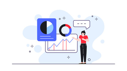 Woman presenting data visually with a graph and pie chart. Suitable for business presentations or financial reports needing visual aids.