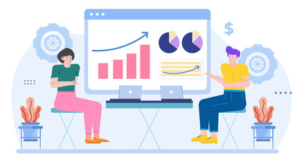 Two people analyzing graphs and pie charts for business strategy. Ideal for presentations, reports, financial discussions, and marketing materials.