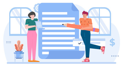 Business partners discussing a blue document, suitable for financial and teamwork concepts, presentation slides, brochures, websites, and social media.