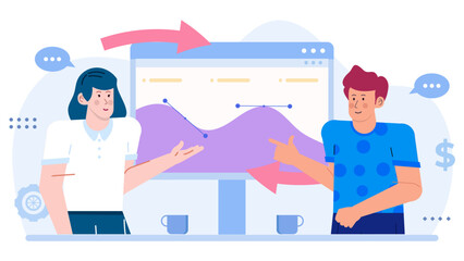 Two people present graph of profit growth. Suitable for business presentations, financial reports, teamwork concepts, success stories, and marketing materials.