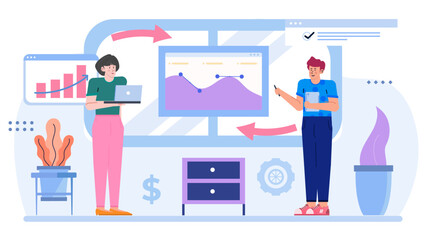 Two people discussing data near potted plants. Suitable for business presentations, marketing materials, technology concept designs, and teamwork illustrations.