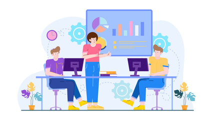 Three people presenting data and charts in an office. Suitable for business presentations, corporate reports, team meetings, financial analysis visuals.