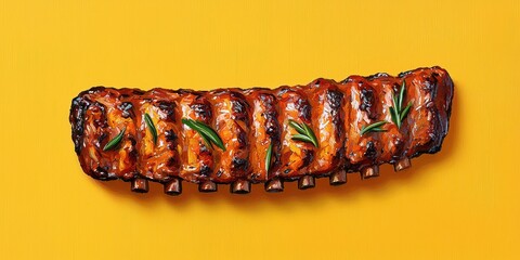 Rack of Barbecue Ribs with Rosemary on Yellow Background
