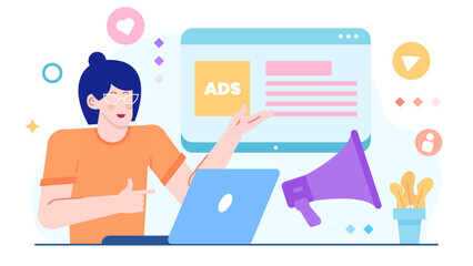 Woman working on a laptop with ads. Suitable for marketing campaigns, social media graphics, blogging, ecommerce websites, online advertising.